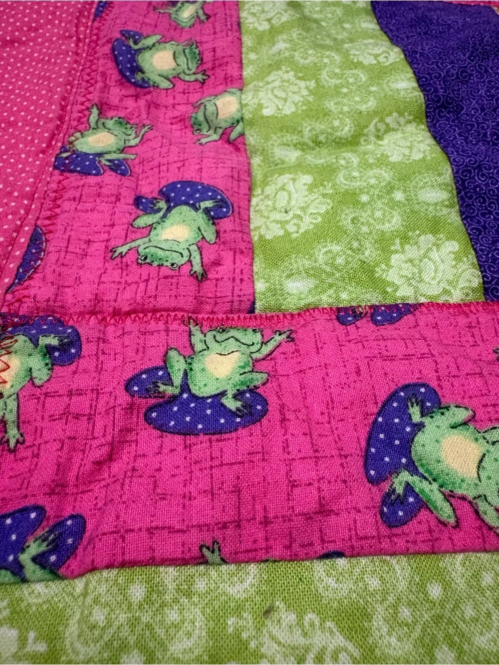 Colorful Frog Patchwork Quilt - Yellow, Pink, Green, Purple